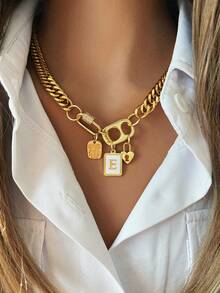 1 pieza Collar dorado muy elegante, adecuado para mujeres que les gusta usar cadenas gruesas. Tiene una hebilla ovalada con diamantes incrustados y una hebilla de estilo lata, equipado con un colgante con inicial y un candado con forma de corazón. Es vanguardista y de moda, adecuado para regalar o usar en lugares exclusivos - Dorado - Ver 22