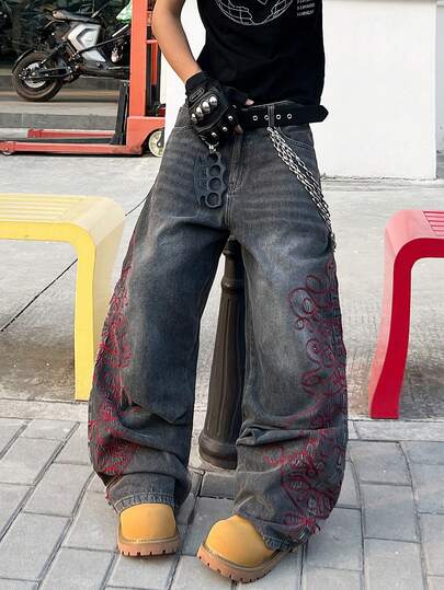 1件复古韩版男士刺绣阔腿牛仔裤，宽松舒适休闲时尚百搭街头学院风宽松版型牛仔裤（不含腰带或配饰）