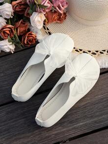 Women's Casual Solid Color Soft-Sole Round Toe Ballerina Flats With Bow Decoration, Fashion Slip-On Loafers - 白色 - 查看 5