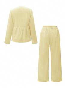 Conjunto informal de 2 piezas Look Polly para mujer, blusa de manga larga de solapa única en color crema combinada con pantalones rectos de pierna ancha, adecuado para citas de San Valentín, fiestas de carnaval y vacaciones en la playa - Amarillo claro - Ver 4