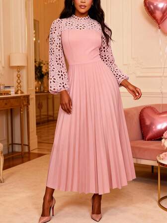 Vestido maxi plisado con encaje calado de manga farol elegante de línea A para mujer AOMEI, ideal para citas, fiestas, bodas, damas de honor, graduación, invitadas de boda, otoño, regreso a clases, vestido de noche elegante, colección de ropa de Año Nuevo y Día de San Valentín