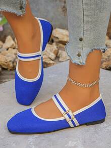 大码 35-43 亮片时尚方头平底鞋，优雅女士套脚鞋，适合春秋季穿着 - 寶藍色細紋布面 - 查看 6