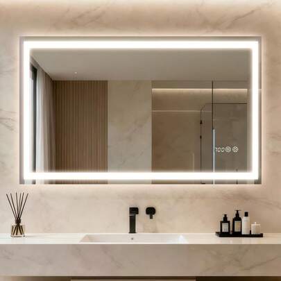 Lustro łazienkowe z oświetleniem i zegarem, lustro LED z 3 ściemnialnymi kolorami światła, szkło hartowane i zegar cyfrowy, włącznik dotykowy, funkcja pamięci, powłoka przeciwmgielna, lustro łazienkowe