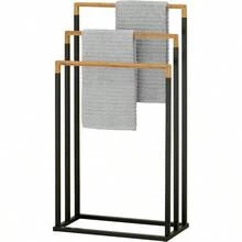 33 Inch Black  Plated Metal Freestanding Bathroom Towel Rack Stand With 3 Tier Bamboo Wood Bar Laundry Room Drying Rack Stand - 黑色 - 查看 1