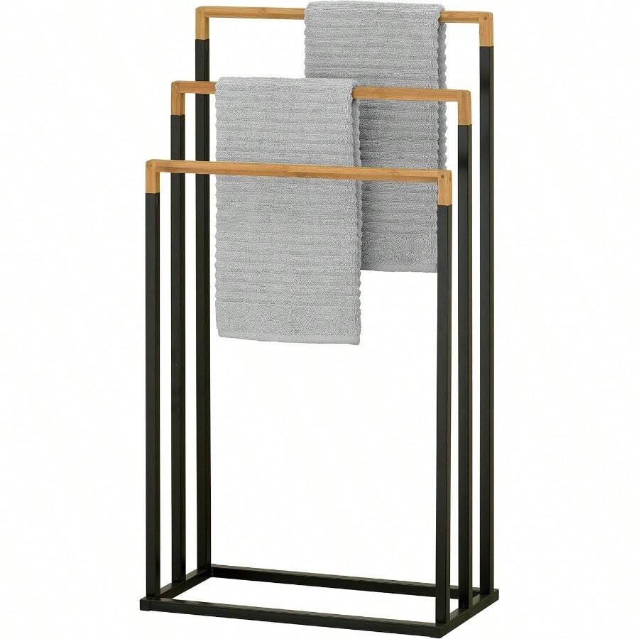 33 Inch Black Plated Metal Freestanding Bathroom Towel Rack Stand With 3 Tier Bamboo Wood Bar Laundry Room Drying Rack Stand - 黑色 - 查看 1