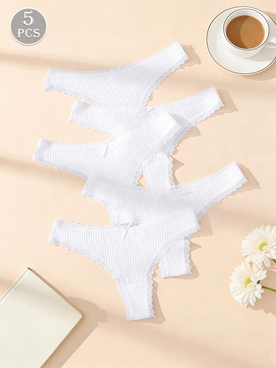 5pcs/Pack White Romantic Lace Patchwork Ribbed Women's Thong Panties With Cute Bow, Breathable Cotton Stretch Underwear - trắng - Xem 1