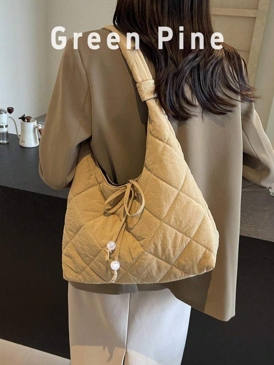 2025 New Autumn/Winter Large Capacity Casual Commuter Tote Bag For Women, Cotton Fabric Shoulder Underarm Bucket Bag - Khaki - View 1
