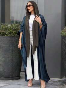 Muslim Fashion Abaya Cardigan With Batwing Sleeves, Long Robe Dress (Without Headscarf) - Navy Blue - View 5