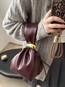 1pc Solid Color PU Leather Handbag, Burgundy Ancora Design, Women's Personalized Mini Cloud Pleated Bag With Metal Decor Zipper Closure, Suitable For Daily And Outdoor Use - Burgundy - View 9
