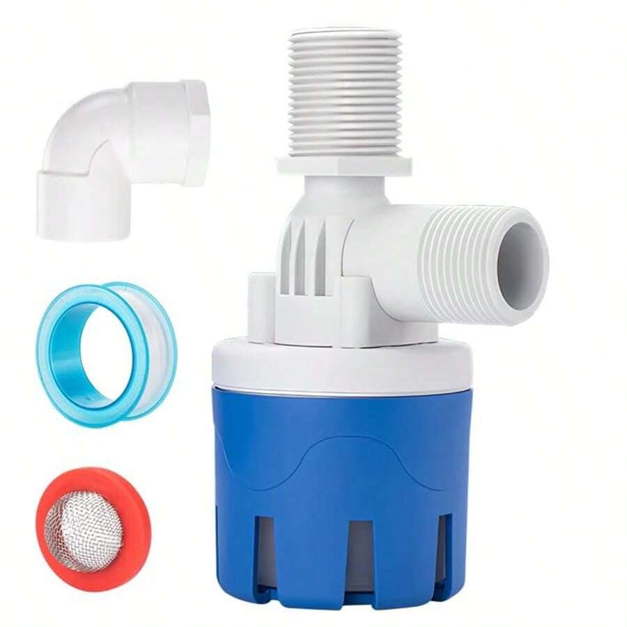 1 Juego – Válvula de Flotador Automática Mini para Control de Nivel de Agua, Rosca BSP Adaptable a NPT, Operación sin Electricidad, Cuerpo de Nylon y Tornillos Inoxidables, Presión 10–150 psi, con Filtro Antibloqueo, Ideal para Tanques, Depósitos, Estanques, Fuentes y Bebederos de Animales - Azul y blanco - Ver 1