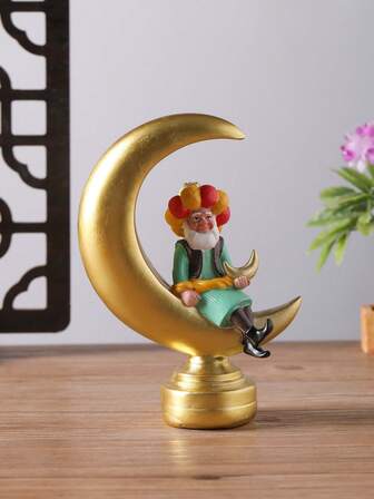 1pc Traditional Middle Eastern Figure Resin Decorative Statue - Eid Celebration Statue With Golden Crescent Base, Suitable For Home And Office Decor, Moon Decoration