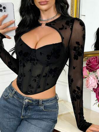 RAHQ Black Lace Sheer Corset Top - 1 Piece Heart Cutout Long Sleeve | Party Ready