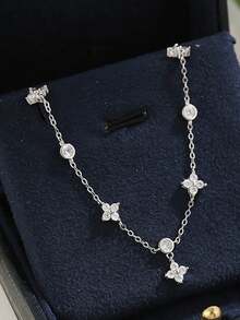 Men's Shiny Zirconia Tennis Chain Bracelet - Silver Four-leaf Clover Pendant - View 5