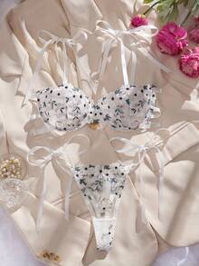 Women'S Sexy Lingerie Set With Double-Color Embroidered Lace Trim, Exotic And Very Sexy Underwear, Adult Novelty Wear, Mature Style, Random Print Pattern, Hollow Details, Lingerie Sets For Women, Lingerie Set With Garter, Exotic Bra, Purple Lingerie Set, Purple Lingerie - 白色 - 查看 1