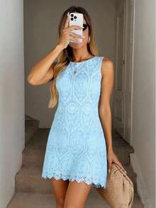 ZALLA Elegant Lace Midi Sheath Dress With Lining For Weddings And New Year's Eve. - 淺藍色 - 查看 2