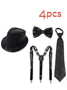 4件套70年代迪斯科表演道具：亮片帽、西部亮片毡帽、闪亮亮片帽、领带、领结、吊带套装、男女通用配饰套装、棒球帽、派对服装配饰套装（男士冬季头饰）
