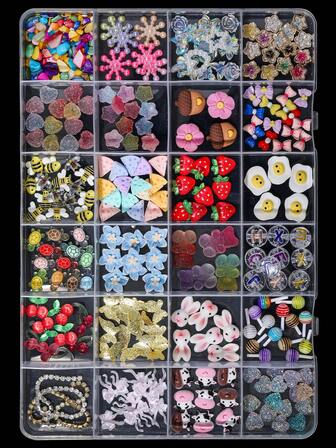 24 piezas Decoración de uñas de arte DIY con diseños de chocolate, pan, galleta, rosquilla, pato de goma, naranja, paleta, fresa, margarita y corazón en estilo de dibujos animados