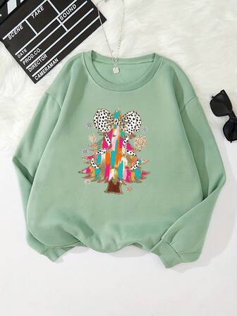 Christmas Colorful Bow-Knot, Christmas Tree & Letter Print Fleece Round Neck Sweatshirt, Autumn/Winter