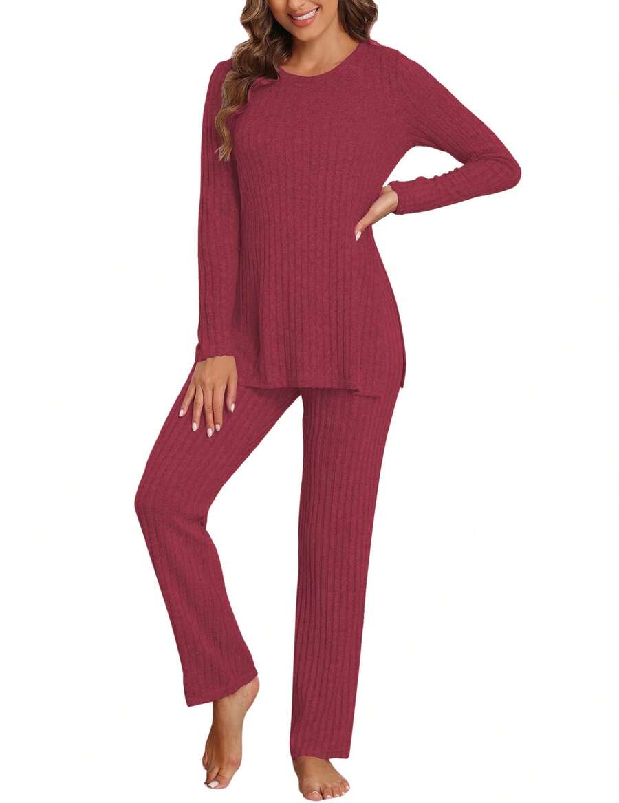 tooluck Round Neck Ribbed Casual Suit With Slit Hem Long Pants Casual Suit Fall Clothes For Women - Màu Đỏ Sâu - Xem 1