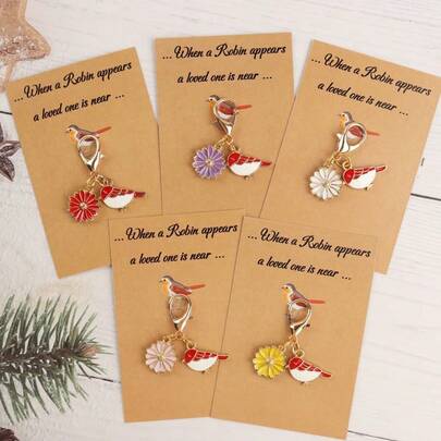 1个/5个知更鸟与花朵钥匙扣套装，附赠慰问卡，是送给家人、朋友、爱人的理想礼物，也可作为装饰包包挂饰，完美之选。
