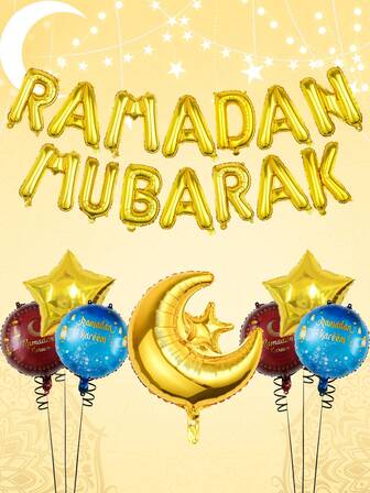 21 st Ramadan-välsignelsebokstavsballongset, inkluderar Ramadan-välsignelsebanderollballong, stjärn- och måneballonger, lämplig för Ramadan-firandeaktiviteter, Eid-festtillbehör, Eid-dekoration, Ramadan Kareem, Ramadan Mubarak, Eid Mubarak