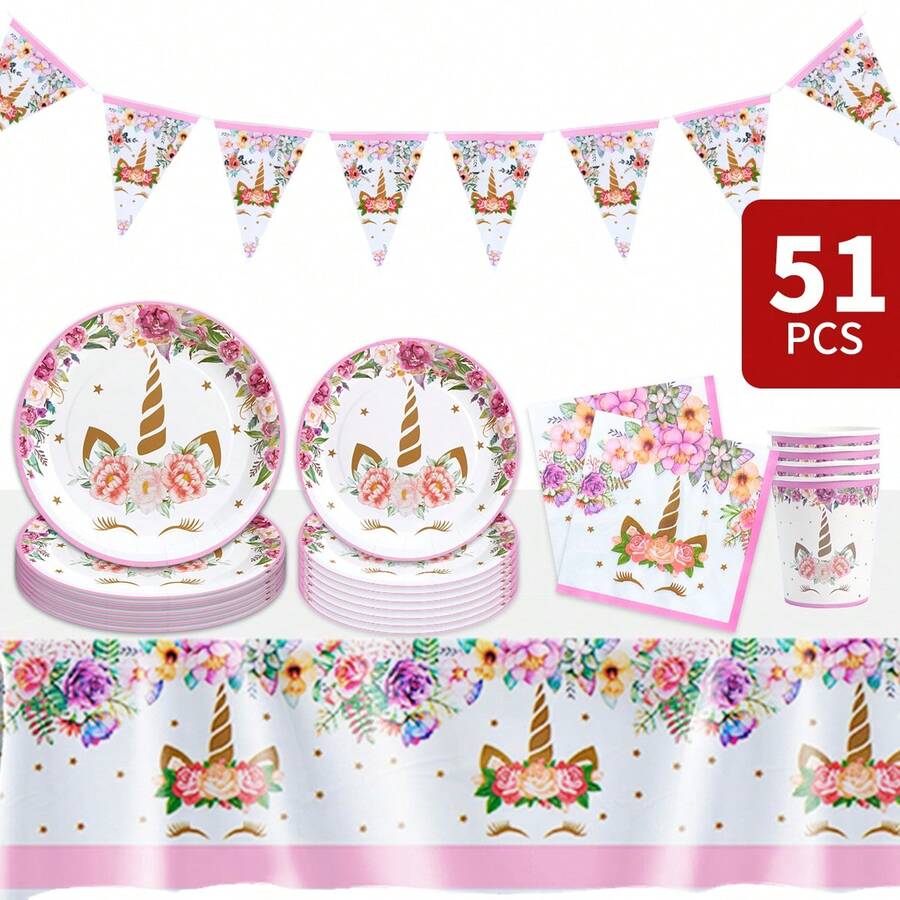 Romantic Floral Unicorn Disposable Plate, Napkin, Cup, Tablecloth And Banner Set, Party Supplies Set For 8 Guests, Suitable For Birthday, Wedding, Theme Party, Family Picnic - Multicolor - View 1
