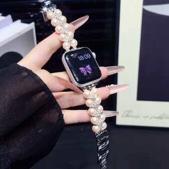Lyxigt justerbart pärlarmband kompatibelt med 38/40/41/42/44/45/46/49 mm, passar handled 5,0–7,9 tum (127–200 mm), smyckeslikt pärlarmband med glittrande strass för I Watch-serien 11/10/9/8/7/6/5/4/3/2/1 SE Ultra, elegant ersättningsarmband för kvinnor