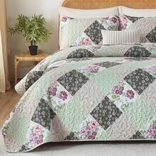 Floral Plaid Patchwork Quilt Set King Size, Reversible Brown Bedding Set Soft Microfiber Lightweight Bedspread Coverlet 3 Piece All - Season Use (104x90 Inches) - Green - View 6