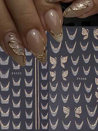 Shiny French Gold Nail Stickers - Featuring French Line Patches, Gold Embossed Edge Sequined French Lines, Butterfly Flower Nail Stickers, With Metal Butterfly Wing Patterns, French Nail Patch Nail Accessory Decoration, DIY Wedding And Festival Nail Products, Self-Adhesive Nail Art Decorations, Nail Stickers, Festival Nail Decorations
