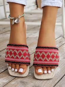 WRCVS Fuchsia Women's Slippers, Embroidered Sandals, Woven Flat Slippers, Slippers, Random Floral Pattern Boho Vacation Party Outdoor Sandals - Hot Pink - View 6
