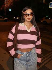 Suéter holgado de cuello alto de manga larga con rayas, estilo callejero, para mujer, primavera/otoño - Púrpura malva - Ver 3