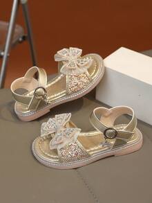1双时尚百搭女童珍珠水钻蝴蝶结装饰可爱平底凉鞋，圆头设计，适合日常穿着、跳舞、户外活动，亮片装饰闭趾公主鞋，春秋季款 - 金色 - 查看 4