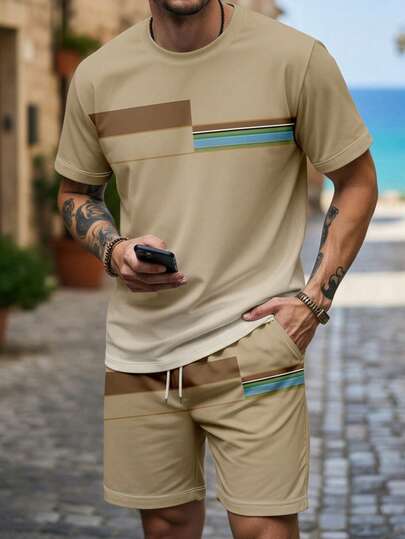 Men's Colorblock Striped Print Short Sleeve T-Shirt And Shorts Set, Suitable For Summer
