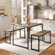 3-Piece Dining Table Set For 4,  Kitchen Table Set With 2 Benches, Dining Room Table Set With Adjustable Foot Pads,Room Deocr,Grey, Christmas Gift - 灰色 - 查看 2