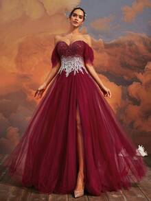 VIPGIRL Heavily Beaded Long Evening Gown, High-End Formal Banquet Party Elegant Maxi Dress With Train - Burgundy - View 8