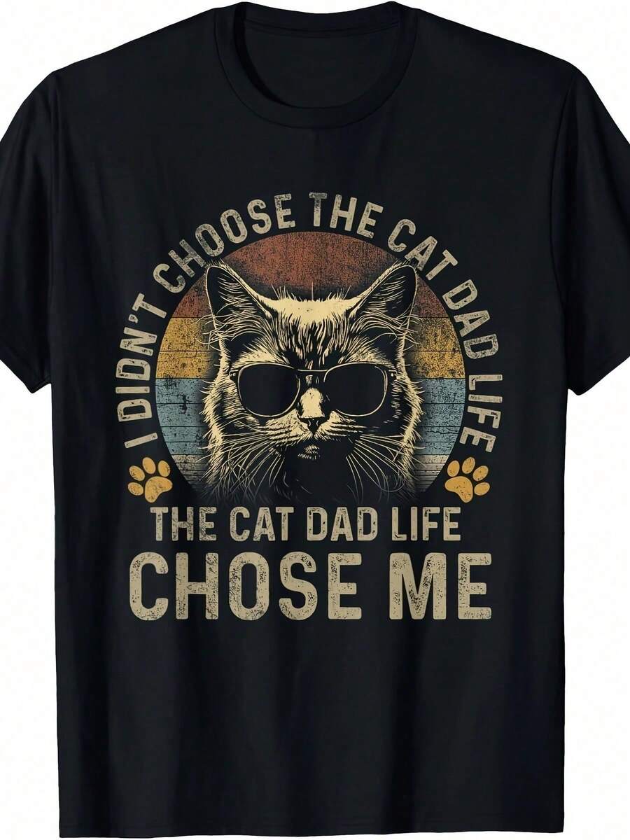 Camiseta gráfica para hombres "Cat Dad Life" - 100% algodón, camiseta casual negra con divertida ilustración de gato, cómoda y duradera para atuendo casual, camiseta gráfica de fiesta| Ropa de calle casual| Camiseta de Tejido de Punto, Camiseta de Gato - Negro - Ver 1