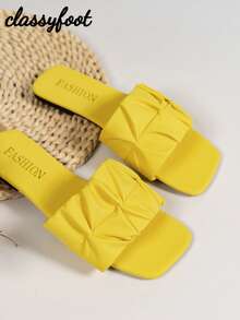 宽版女士时尚方头褶皱平底凉鞋休闲黑色夏季拖鞋 - 黃色 - 查看 4