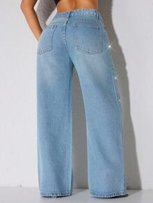 Jeans casuales de cintura baja y pierna ancha de color azul con bolsillos en diagonal y adornos con cuentas, para primavera - Agua verde azul - Ver 2