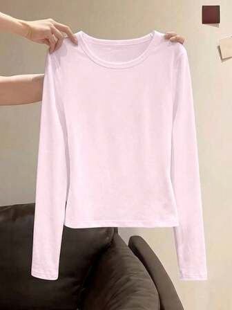 Women Spring Summer Solid Color Round Neck Long Sleeve Cropped Fitted T-Shirt