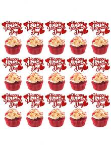 12/24pcs Valentine's Day Cupcake Toppers, Red Glitter Happy Valentine's Day Cupcake Decorative Picks, Suitable For Wedding, Engagement And Party Decoration, As Well As Valentine's Day Party Decor - Multicolor - View 6