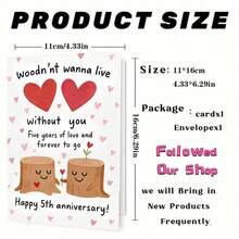 1pc "Woodn't Wanna Live Without You: Happy 5th Anniversary" Cute Tree Stump Couple Card – Sweet White Design With Playful Smiling Tree Stumps (Plus Heart Accents) And Punny, Warm Anniversary Text. Perfect For Gifting To A Partner On Your 5th Anniversary, Blending Silly Wordplay With Sincere "Forever" Affection. Cheerful, Charming Tone, Includes Red Envelope – A Delightful, Whimsical Card To Celebrate 5 Years Of Love And More To Come. - Multicolor - View 3