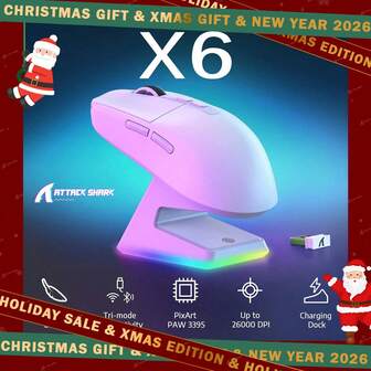 ATTACK SHARK X6 Superlight Wireless Gaming Mouse With Magnetic RGB Charging Dock, 49g Ultralight Mice PixArt PAW3395 Sensor, 26000DPI, Tri-Mode 2.4G/USB-C Wired/Bluebud Mouse, Mouse Grip Tape
