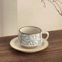 2件套日式复古咖啡杯陶瓷杯碟套装，创意粗陶拿铁杯，高端精致马克杯