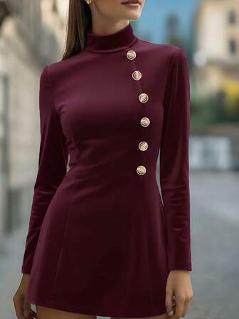 Solid Color Elegant High Neck Bodycon Dress, Adorned With Gold Embossed Buttons, Vintage Elegant Fitted Mini Dress, Suitable For Formal Dinners, Cocktail Parties, Dates, Commuting Women's Fashionable High Neck Stretchy Knit Dress, 2026