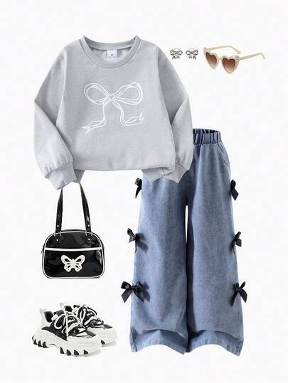 2件套 女童复古休闲蝴蝶结印花卫衣牛仔裤套装，春秋季