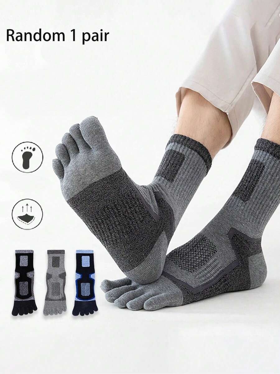 1 Pair Random Men's Five Finger Socks, Soft & Comfortable For Outdoor Sports, Hiking, Running, Unisex Mid-Calf Five Finger Socks, Couples Socks, Autumn/Winter - Multicolor - View 1