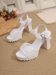 Tacones altos cómodos de malla calada y unicolor de estilo bohemio para mujer de talla grande, stilettos versátiles y sexys para usar en casa, al aire libre o para ir al trabajo - Blanco - Ver 6