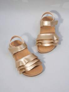 1 Pair Toddler Girls' Metallic Gold Ruffled Strap Faux Leather Breathable Open-Toe Ankle Strap Flat Sandals Elegant Dress Shoes For Parties - Brown - View 2