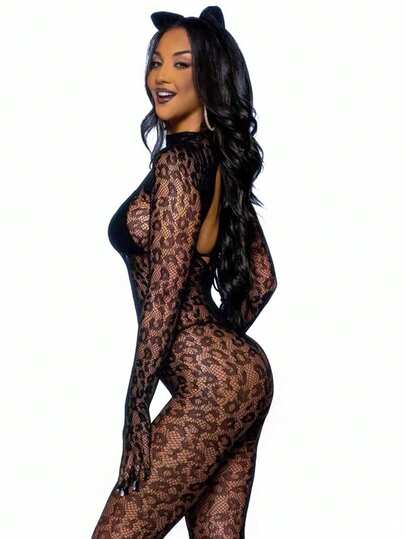 1 Piece Of Gear On Or Off Women's Leopard Print Fishnet Bodystocking -Sexy Lingerie Fishnet Bodysuit ,Crotchless Bodysuit,Leopard Hollow See-Throug Long Sleeves,Hot Girl Outfit,Bikini Cover-Up,Sexy Party Role Play Costume Valentine's Day,Black Lingerie