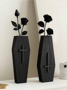 1pc/2pcs Gothic Coffin Wall Hanging Vase, Black Cross Wooden Wall Mounted Planter, Home Decor, Eerie Gothic Vase, Wall Hanging Plant Holder, Mystical Occult Aesthetic Decor, Living Room Bedroom Gothic Shelf Decor, Fashionable Dark Gothic Vase, Handmade Wooden Coffin Vase